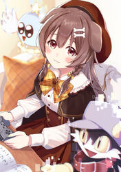  animal_collar animal_ears blush bone_hair_ornament braid breasts brown_capelet brown_eyes brown_hair capelet collar commentary controller dog_ears dog_girl female frills from_above hair_between_eyes hair_ornament hat holding hololive huepow inugami_korone inugami_korone_(street) kaze_no_klonoa klonoa long_hair long_sleeves looking_at_viewer nonono_(1399900) pillow red_skirt shirt sitting skirt smile twin_braids virtual_youtuber white_shirt yellow_nails 