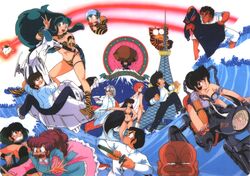  1980s_(style) 5boys 6+girls animal_print aqua_hair armlet bald benten_(urusei_yatsura) bikini black_hair boulder center_opening chains cherry_(urusei_yatsura) choker cone_horns constricted_pupils curly_hair dark-skinned_male dark_skin dress elle_de_rosenbach feline floating_hair food fujinami_ryuunosuke green_hair grey_hair grin high_heels highres holding holding_clothes holding_sword holding_weapon horns hover_vehicle japanese_clothes katana kimono kotatsu-neko kurama_(urusei_yatsura) lifting long_hair looking_at_viewer lum mendou_shuutarou miyake_shinobu moroboshi_ataru multicolored_hair multiple_boys multiple_girls navel non-web_source official_art old old_man oni onigiri open_mouth oyuki_(urusei_yatsura) pink_dress ran_(urusei_yatsura) red_hair rei_(urusei_yatsura) retro_artstyle riding ryuunosuke&#039;s_father sakura_(urusei_yatsura) scan school_uniform sheath sheathed short_hair smile star_(symbol) strapless strapless_bikini swimsuit sword ten_(urusei_yatsura) tiger_print tower two-tone_hair urusei_yatsura very_long_hair w water waves weapon 