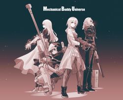  4girls android banshee_sister_(mechanical_buddy_universe) coat commentary gun hair_between_eyes hawkeyes_(mechanical_buddy_universe) highres holding holding_gun holding_weapon hood ishiyumi jacket jukebox_priest_(mechanical_buddy_universe) mechanical_buddy_universe medium_hair milady_(mechanical_buddy_universe) momdroid_(mechanical_buddy_universe) monochrome multiple_girls old old_woman ponytail power_suit rifle robot scar science_fiction short_hair shotgun smoking sniper_rifle submachine_gun sunglasses tgp11s_hawkeye_(mechanical_buddy_universe) weapon 