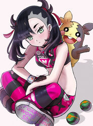  asymmetrical_bangs bad_id bad_pixiv_id bare_shoulders beast_ball black_choker black_gloves black_hair black_pantyhose blue_eyes blunt_bangs blush choker crop_top crossed_legs dusk_ball dynamax_band earrings female gloves gym_uniform hair_ribbon head_tilt jewelry leaning_forward leggings looking_up marnie_(pokemon) midriff morpeko morpeko_(full) pantyhose pantyhose_under_shorts pink_legwear pink_ribbon pink_shorts poke_ball pokemon pokemon_(creature) pokemon_on_back pokemon_swsh ribbon setta_shu shaved_head short_hair short_twintails shorts simple_background single_glove sitting spiked_hair striped striped_leggings thick_eyebrows twintails two-tone_legwear two_side_up white_background 