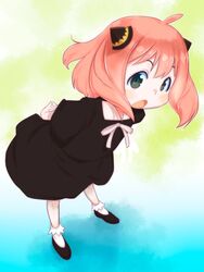  anya_(spy_x_family) black_dress black_footwear commentary_request dress female full_body green_eyes hairpods highres lolicon looking_at_viewer open_mouth pink_hair red_hair shoes short_hair socks solo spy_x_family standing teruki_kuma 