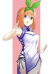  absurdres bare_arms blue_eyes blush breasts china_dress chinese_clothes commentary_request cross-laced_clothes cross-laced_dress cross-laced_slit dress eyebrows_hidden_by_hair female go-toubun_no_hanayome green_hairband green_ribbons hair_between_eyes hair_ornament hair_ribbon hairband highres looking_at_viewer m.tokotsu medium_breasts nakano_yotsuba open_mouth orange_hair ribbon sideless_outfit simple_background sleeveless solo two-tone_background 