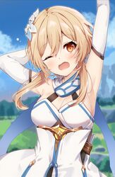  arm_behind_head arm_up armpits blurry blurry_background breasts cleavage cloud dress elbow_gloves female flower genshin_impact gloves hair_flower hair_ornament long_hair looking_at_viewer lumine_(genshin_impact) omuretsu one_eye_closed open_mouth outdoors sidelocks sky solo tears upper_body yawning 