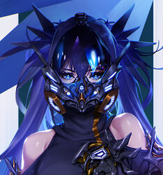  bare_shoulders blue_eyes blue_hair blue_theme blueorca clothing_cutout cropped dark_blue_hair female gas_mask hair_between_eyes long_hair mask original science_fiction shoulder_cutout solo twintails upper_body 