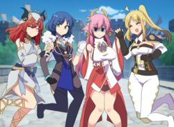  4girls ^_^ absurdres bare_shoulders blonde_hair blue_hair bocchi_the_rock! breasts capelet closed_eyes closed_mouth color_connection cosplay cube_hair_ornament derivative_work fake_horns genshin_impact gloves gotoh_hitori hair_color_connection hair_ornament hand_grab highres hinghoi horns ijichi_nijika japanese_clothes jean_(genshin_impact) jean_(genshin_impact)_(cosplay) kita_ikuyo large_breasts long_hair medium_breasts miko mole mole_under_eye multiple_girls nilou_(genshin_impact) nilou_(genshin_impact)_(cosplay) open_mouth parody pink_hair ponytail red_hair small_breasts smile turn_pale yae_miko yae_miko_(cosplay) yamada_ryo yelan_(genshin_impact) yelan_(genshin_impact)_(cosplay) yellow_eyes 