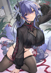  black_bra black_panties black_thighhighs blush bra breasts catsmoon closed_mouth female genshin_impact hair_ornament highres indoors large_breasts long_hair long_sleeves looking_at_viewer panties pillow purple_eyes purple_hair raiden_shogun see-through signature solo thighhighs thighs underwear window 