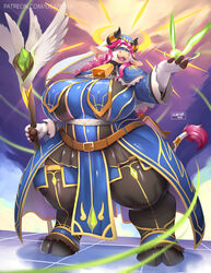  2021 anthro big_breasts bovid bovine breasts cattle clothed clothing cowbell curvy_figure female fully_clothed hair hi_res holding_object holding_weapon hooves horn magic magic_user mammal ocaritna open_mouth overweight overweight_anthro overweight_female pink_hair signature solo staff text thick_thighs url voluptuous weapon 