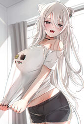  ahoge animal_ears bare_shoulders black_nails blush breasts commentary_request ear_piercing female grey_eyes grey_hair hair_between_eyes highres hololive large_breasts lion_ears lion_girl lion_tail long_hair looking_at_viewer midriff nerorigogo no_bra off_shoulder open_mouth piercing shirt shishiro_botan shishiro_botan_(casual) smile solo tail virtual_youtuber 