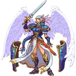  armor armored_boots armored_dress blue_armor blue_eyes boots braid feathered_wings feathers female helmet lenneth_valkyrie long_hair low-braided_long_hair low-tied_long_hair lowres omegachaino pixel_art shoulder_armor sword transparent_background valkyrie valkyrie_profile_(series) weapon winged_helmet wings 