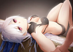  black_panties breasts brown_background chinese_commentary closed_mouth commentary_request female hair_ribbon highres honkai:_star_rail honkai_(series) jingliu_(honkai:_star_rail) knees_up long_hair lying medium_breasts on_back paid_reward_available panties reaching reaching_towards_viewer red_eyes ribbon royboy solo underwear upside-down white_hair 