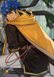  1boy alternate_skin_color bad_id bad_pixiv_id blue_eyes blue_hair dark-skinned_male dark_skin feet_out_of_frame fire_emblem fire_emblem:_path_of_radiance fire_emblem_heroes from_behind headband highres ike_(brave_mercenary)_(fire_emblem) ike_(fire_emblem) looking_at_viewer male_focus paid_reward_available short_hair sideburns solo spread_legs toned toned_male yaowu 