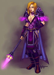  belt blonde_hair cleavage clothed cyelaina_skylark female full-length_portrait full_length green_eyes human_mage mage magician neryumo portrait rod ryumo shoulder_pads solo staff standing tagme wand warcraft world_of_warcraft 