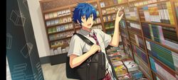  1boy bag belt blue_hair book book_stack bookshelf bookstore breast_pocket collared_shirt ensemble_stars! hair_between_eyes happy_elements highres holding_strap male_focus necktie official_art open_mouth pants plaid plaid_pants pocket sazanami_jun school_bag school_uniform shirt shop short_hair short_sleeves solo source_request striped_necktie teeth upper_body upper_teeth_only white_belt yellow_eyes 