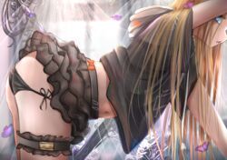  abigail_williams_(fate) ass backlighting bent_over black_panties black_shirt black_skirt blonde_hair blue_eyes bow breasts bridal_garter bug butterfly fate/grand_order fate_(series) female forehead highres hooded_shirt kayjae key long_hair navel open_mouth orange_bow panties parted_bangs shirt short_sleeves side-tie_panties skirt small_breasts solo staff underwear 