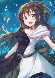  :d bare_shoulders belt black_belt black_bow black_dress black_gloves black_pantyhose blue_background blue_eyes bow breasts brown_hair buttons choker cleavage collarbone commentary_request dress drop_earrings earrings evening_gown female floating_hair gloves hair_between_eyes hairbow huge_bow jewelry lace lace_gloves long_hair looking_at_viewer love_live! love_live!_nijigasaki_high_school_idol_club medium_breasts multicolored_clothes necklace off-shoulder_dress off_shoulder open_mouth osaka_shizuku pantyhose ponytail rain sidelocks sleeveless sleeveless_dress smile solitude_rain_(love_live!) solo tomo_wakui two-tone_dress water_drop white_dress 