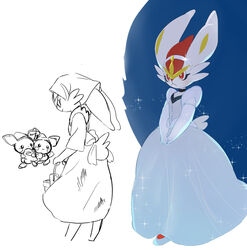  1boy 2others blush body_fur cinderace cinderella cinderella_(disney) cinderella_(disney)_(cosplay) cosplay crossdressing dress furry furry_with_furry glass_slipper gown highres mouse_(animal) multicolored_fur multiple_others pichu pokemon pokemon_(creature) princess rabbit_boy red_fur user_vhru4478 white_fur 