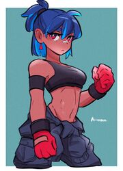  :o amazu_(kurozu) aoi_(amazu) bare_shoulders black_jumpsuit black_sports_bra blue_background blue_hair breasts clenched_hand crop_top cropped_legs dark-skinned_female dark_skin earrings female gloves hair_between_eyes jewelry jumpsuit jumpsuit_around_waist looking_at_viewer medium_breasts navel original parted_lips ponytail red_eyes red_gloves short_eyebrows signature solo sports_bra thick_eyebrows two-tone_background white_background 