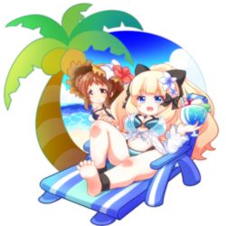  2girls aqua_bikini bare_shoulders bikini black_bow blonde_hair blue_eyes blush bow breasts brown_eyes brown_hair cleavage double_bun elf flower hair_bun hair_flower hair_ornament hair_up hairbow hat large_breasts long_hair looking_at_viewer multiple_girls o-ring o-ring_bikini o-ring_top oborotsuki_kakeru open_mouth outdoors pointy_ears ponytail princess_connect! saren_(princess_connect!) saren_(summer)_(princess_connect!) see-through sidelocks smile straw_hat suzume_(princess_connect!) suzume_(summer)_(princess_connect!) swimsuit 