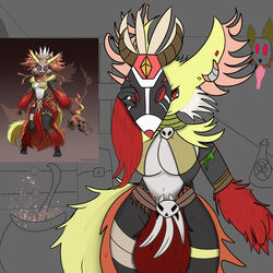  1:1 absurd_res accessory anthro black_body black_fur bottomwear breasts canid canine clothed clothed_anthro clothed_female clothing delphox ear_piercing female female_anthro fur generation_6_pokemon grey_body grey_fur hi_res jewelry loincloth looking_at_viewer magic_user mammal mask miyang_draws! necklace nintendo piercing pokemon pokemon_(species) red_body red_eyes red_fur shaman smile solo tribal_spellcaster witch witch_costume witch_doctor yellow_body yellow_fur 