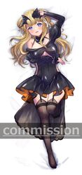  black_dress black_gloves black_thighhighs blonde_hair breasts commentary_request commission cosplay double_bun dress female fletcher_(kancolle) garter_straps gloves hair_bun halloween_costume highres horns ittokyu johnston_(halloween_mode)_(kancolle) johnston_(kancolle) johnston_(kancolle)_(cosplay) kantai_collection large_breasts long_hair looking_at_viewer lying purple_eyes single_glove smile solo thighhighs 