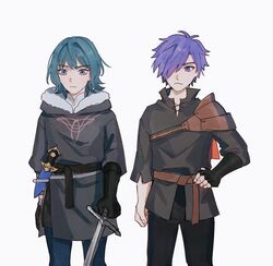  1boy aged_down blue_eyes blue_hair byleth_(female)_(fire_emblem) byleth_(fire_emblem) closed_mouth english_commentary female fire_emblem fire_emblem:_three_houses fire_emblem_warriors:_three_hopes fur_trim gloves hair_ornament hair_over_one_eye highres hood long_hair long_sleeves medium_hair oratoza purple_eyes purple_hair shez_(fire_emblem) shez_(male)_(fire_emblem) short_hair simple_background sword weapon 