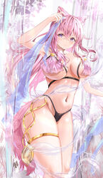  absurdres alternate_costume animal_ear_fluff animal_ears antenna_hair blush bra breast_curtains breasts cupless_bra female hakui_koyori highleg highleg_panties highres hololive long_hair looking_at_viewer navel panties pink_hair purple_eyes solo thighlet tonasegaill underwear virtual_youtuber water waterfall wolf_ears 