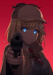  aiming aiming_at_viewer blonde_hair blue_eyes bob_cut capelet commentary deerstalker desert_eagle female glowing glowing_eyes grin gun hair_ornament handgun hat highres hololive hololive_english necktie red_background smile solo virtual_youtuber watson_amelia watson_amelia_(1st_costume) weapon weizen 