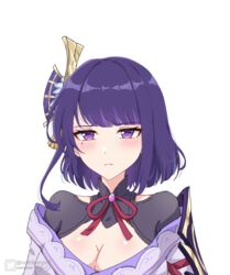  alternate_hair_length alternate_hairstyle armor asiri_senpai bad_id bad_pixiv_id blunt_bangs blush bow bowtie breasts cleavage commentary english_commentary female genshin_impact hair_ornament highres japanese_clothes looking_at_viewer purple_eyes purple_hair raiden_shogun short_hair shoulder_armor sidelocks simple_background solo white_background 