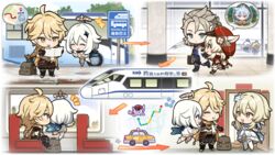  3boys 3girls aether_(genshin_impact) ahoge albedo_(genshin_impact) bag_charm blonde_hair brother_and_sister cabbie_hat car charm_(object) chibi clover_print commentary_request dodoco_(genshin_impact) dress elf flower genshin_impact green_eyes hair_flower hair_ornament hat hat_feather highres klee_(genshin_impact) low_twintails lumine_(genshin_impact) map motor_vehicle multiple_boys multiple_girls official_art paimon_(genshin_impact) pointy_ears razor_(genshin_impact) red_eyes red_headwear short_hair_with_long_locks siblings taxi twintails white_dress white_hair white_legwear yellow_eyes 