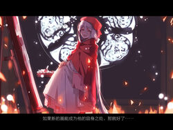  beret canvas_(object) cape chinese_commentary chinese_text closed_eyes commentary_request dark_souls_(series) dark_souls_iii female hat letterboxed long_hair maou_skun painting_woman_(dark_souls) red_cape red_headwear simplified_chinese_text smile translation_request very_long_hair white_hair window 