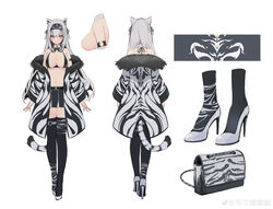  absurdres animal_ears animal_print bag bare_shoulders belt bikini bikini_top_only black_bikini black_legwear black_skirt bow bowtie breasts chinese_commentary cleavage commentary_request detached_collar female full_body fur_trim grey_eyes grey_footwear grey_hair halterneck handbag headband high_heels highres jacket large_breasts long_hair long_sleeves looking_at_viewer miniskirt multiple_views navel nekojira off_shoulder open_clothes open_jacket original pleated_skirt shoes simple_background skirt standing stomach string_bikini swimsuit tail thea_(nekojira) thighhighs tiger_ears tiger_girl tiger_print tiger_tail white_jacket zettai_ryouiki 