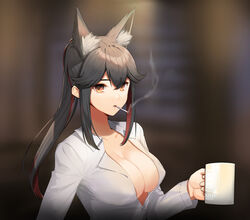  alternate_hairstyle animal_ear_fluff animal_ears arknights bad_id bad_twitter_id black_hair blurry blurry_background breasts brown_eyes cigarette collarbone commentary cup female hair_between_eyes highres holding holding_cup large_breasts long_hair long_sleeves looking_at_viewer mouth_hold mug multicolored_hair penguin_logistics_logo red_hair shirt shovelwell sidelocks smoke smoking solo streaked_hair texas_(arknights) upper_body white_shirt wolf_ears 