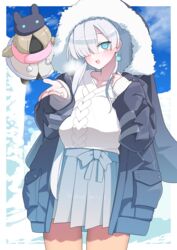  akitokage anastasia_(fate) anastasia_(under_the_same_sky)_(fate) blue_eyes blue_skirt blue_sky blush breasts coat collarbone doll earrings fate/grand_order fate_(series) female fur-trimmed_coat fur_trim grey_coat hair_over_one_eye highres hood hood_up hooded_coat jewelry large_breasts long_hair long_sleeves looking_at_viewer open_mouth pleated_skirt skirt sky smile snow sweater thighs viy_(fate) white_hair white_sweater 