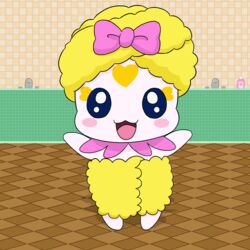  1:1 absurd_res accessory anthro bathroom blonde_hair blue_eyes blush bovid bow_(feature) bow_accessory candy_(pretty_cure) caprine fairy female fur hair hair_accessory heart_(marking) heart_symbol hi_res humanoid mammal markings masterlinkx milk_(pretty_cure) open_mouth open_smile pink_bow pretty_cure raised_arms shampoo_bottle sheep smile smile_precure smile_pretty_cure solo towel towel_around_waist towel_on_head wool_(fur) yellow_body yellow_fur yellow_wool 