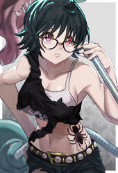  black_hair blinky_(hunter_x_hunter) breasts cross cross_necklace denim female glasses highres hunter_x_hunter inverted_cross jewelry large_breasts looking_at_viewer necklace purple_eyes scene_reference shirt shizuku_murasaki short_hair simple_background skirt solo spider_tattoo sweater tattoo tomaton_(t_0) torn_clothes torn_shirt torn_skirt turtleneck vacuum_cleaner 