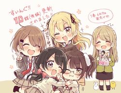  5girls :d ;d ;i ^_^ animal bird black-framed_eyewear black_hair black_legwear black_ribbon black_skirt blonde_hair blush brown_background brown_eyes brown_hair brown_skirt chibi chick closed_eyes closed_mouth collared_shirt commentary_request drawstring dress_shirt flying_sweatdrops grey_hair grey_jacket hair_ornament hair_ribbon hairclip highres higuchi_kaede_(swing!!) holding hood hood_down hooded_jacket jacket long_hair low_twintails miyasato_haruka multiple_girls necktie no_shoes oerba_yun_fang okamoto_natsuhi one_eye_closed open_clothes open_jacket open_mouth pleated_skirt rabbit red_necktie ribbon sakura_oriko semi-rimless_eyewear shirt side_ponytail skirt smile socks sparkle standing sweat sweater swing!! translation_request twintails two_side_up under-rim_eyewear v very_long_hair white_shirt white_sweater yokomine_ibuki 