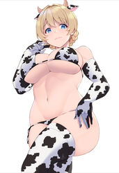  absurdres alternate_costume animal_ears animal_print bikini blonde_hair blue_eyes braid breasts closed_mouth commentary cow_ears cow_horns cow_print cow_print_bikini darjeeling_(girls_und_panzer) elbow_gloves fake_animal_ears fake_horns female girls_und_panzer gloves hand_in_own_hair hand_on_own_thigh highres horns kimi_tsuru large_breasts light_smile looking_at_viewer looking_down navel print_bikini print_gloves print_thighhighs short_hair side-tie_bikini_bottom simple_background skindentation solo string_bikini swimsuit thighhighs tied_hair twin_braids white_background white_bikini white_gloves white_thighhighs 