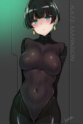  allmind_(armored_core_6) armored_core armored_core_6 batta_16-sei black_hair blush bodysuit breasts commentary_request covered_navel covered_nipples cowboy_shot earrings female green_eyes green_hair highres jewelry kate_markson large_breasts personification pilot_suit skin_tight skindentation solo 