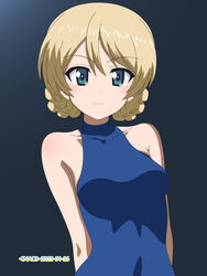  alternate_costume armpit_crease arms_behind_back artist_name bare_shoulders black_background blonde_hair blue_eyes blue_one-piece_swimsuit braid breasts closed_mouth collarbone commentary covered_navel darjeeling_(girls_und_panzer) dated female girls_und_panzer halterneck highres looking_at_viewer naotosi one-piece_swimsuit school_swimsuit short_hair smile solo swimsuit twin_braids upper_body 