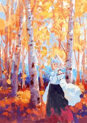  animal_ears autumn autumn_leaves bare_shoulders black_skirt blue_hair blue_sky blush closed_mouth cloud cloudy_sky commentary_request detached_sleeves female fjsmu forest hair_between_eyes highres impressionism inubashiri_momiji leaf long_skirt long_sleeves looking_to_the_side mountain multicolored_hair nature no_headwear orange_hair pointy_ears pom_pom_(clothes) red_eyes red_skirt scenery shirt short_hair skirt sky solo standing touhou tree white_hair white_shirt wide_sleeves wolf_ears 