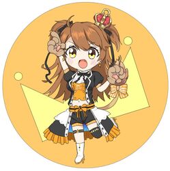  :o animal_ears bad_id bad_pixiv_id blush brown_hair chibi commentary_request crown earrings female hair_through_headwear jewelry leo_(symbol) leo_(zodiac) lion_tail long_hair looking_at_viewer orange_shorts paw_print paw_print_pattern re:act ribbon shishigami_leona shorts solo star_(symbol) star_earrings tail tail_ornament tail_ribbon two_side_up virtual_youtuber yumino112 zodiac 