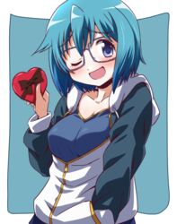  ;d adapted_costume aged_up blue-framed_eyewear blue_eyes blue_hair blue_hoodie bob_cut box commentary drawstring female gift glasses hand_in_pocket heart heart-shaped_box highres holding holding_gift hood hood_down hoodie inoue_kouji long_sleeves looking_at_viewer mahou_shoujo_madoka_magica mahou_shoujo_madoka_magica_(anime) miki_sayaka miki_sayaka_(magical_girl) obligation_chocolate one_eye_closed open_mouth outside_border partially_unzipped smile solo standing textless_version valentine 