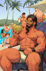  2girls 5boys abs absolum_art bara beard bikini black_hair blue_bikini breasts bulge chun-li cleavage cocktail commentary dark_skin double_bun english_commentary facial_hair food fruit green_one-piece_swimsuit guile hair_bun headband innertube ken_masters large_breasts large_pectorals laura_matsuda male_focus male_swimwear manly multiple_boys multiple_girls muscular muscular_male navel one-piece_swimsuit outdoors pectorals pineapple pool poolside rashid_(street_fighter) red_headband relaxing ryu_(street_fighter) shirt sitting solo_focus street_fighter street_fighter_v sunglasses swim_briefs swim_ring swim_trunks swimsuit thick_thighs thighs tinted_eyewear topless_male very_dark_skin whistle whistle_around_neck yellow-tinted_eyewear zangief 