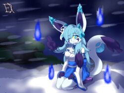  2023 4:3 absurd_res accessory anthro blizzard_(weather) blue_eyes blue_hair derthevaporeon eeveelution facial_markings feet female fire footprint froslass generation_4_pokemon glaceon hair hair_accessory head_markings hi_res horn hybrid kira_(derthevaporeon) living_hair living_tail markings night nintendo one_eye_closed pawprint pokemon pokemon_(species) shrine_maiden shy sitting_on_knees snow solo spirits tail tail_hand unusual_anatomy unusual_tail wink 