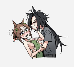  2girls air_shakur_(umamusume) animal_ears apron bare_shoulders black_hair brown_hair clover_hair_ornament commentary_request eyebrow_piercing fine_motion_(umamusume) flying_sweatdrops green_eyes grey_background grey_shirt groping hair_bun hair_ornament horse_ears horse_girl horse_tail light_brown_hair long_hair low_ponytail messy_hair motion_lines multiple_girls neonfloyd piercing shirt sidelocks simple_background single_hair_bun tail umamusume yuri 