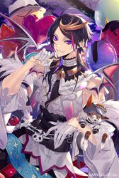  1boy animal_on_arm black_hair canine corset detached_sleeves gloves highres hoe-l looking_at_viewer male_focus multicolored_hair mysta_rias nijisanji nijisanji_en official_art orange_hair parted_lips purple_eyes purple_hair shu_yamino shu_yamino_(1st_costume) smile solo streaked_hair virtual_youtuber white_gloves wings 