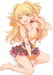  absurdres bare_arms bare_legs bare_shoulders barefoot blonde_hair blush bra breasts dress fangs feet female highres idolmaster idolmaster_cinderella_girls jougasaki_rika long_hair looking_at_viewer open_clothes open_mouth sitting skirt small_breasts smile toes twintails underwear whoosaku 