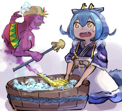  1boy anger_vein blue_hair bubble clenched_teeth dragon_girl dragon_horns duel_monster facial_hair female genie hatano_kiyoshi holding holding_wand horns kneeling lamp laundry_dragonmaid lord_of_the_lamp moustache mystic_lamp oerba_yun_fang open_mouth pointing pointing_at_self pointy_ears pointy_nose purple_skirt sash short_hair skirt sleeves_rolled_up sweatdrop teeth wand washing washtub yellow_eyes yu-gi-oh! 