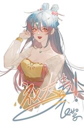  blue_hair breasts buck_teeth chinese_clothes chinese_commentary chinese_text cleavage commentary_request feixuxu female film_grain hair_between_eyes hand_up highres hongmao_and_lantu humanization lantu long_hair long_sleeves medium_breasts open_mouth red_eyes simple_background smile solo teeth translation_request upper_body white_background 