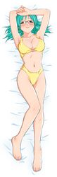  absurdres aqua_eyes aqua_hair arms_up barefoot bed_sheet bikini black-framed_eyewear blush breasts covered_nipples dakimakura_(medium) female full_body hairu highres long_hair looking_at_viewer lying medium_breasts navel o-ring o-ring_swimsuit on_back over-rim_eyewear photoshop_(medium) randou_serika semi-rimless_eyewear smile solo super_real_mahjong swimsuit wet wet_hair yellow_bikini 